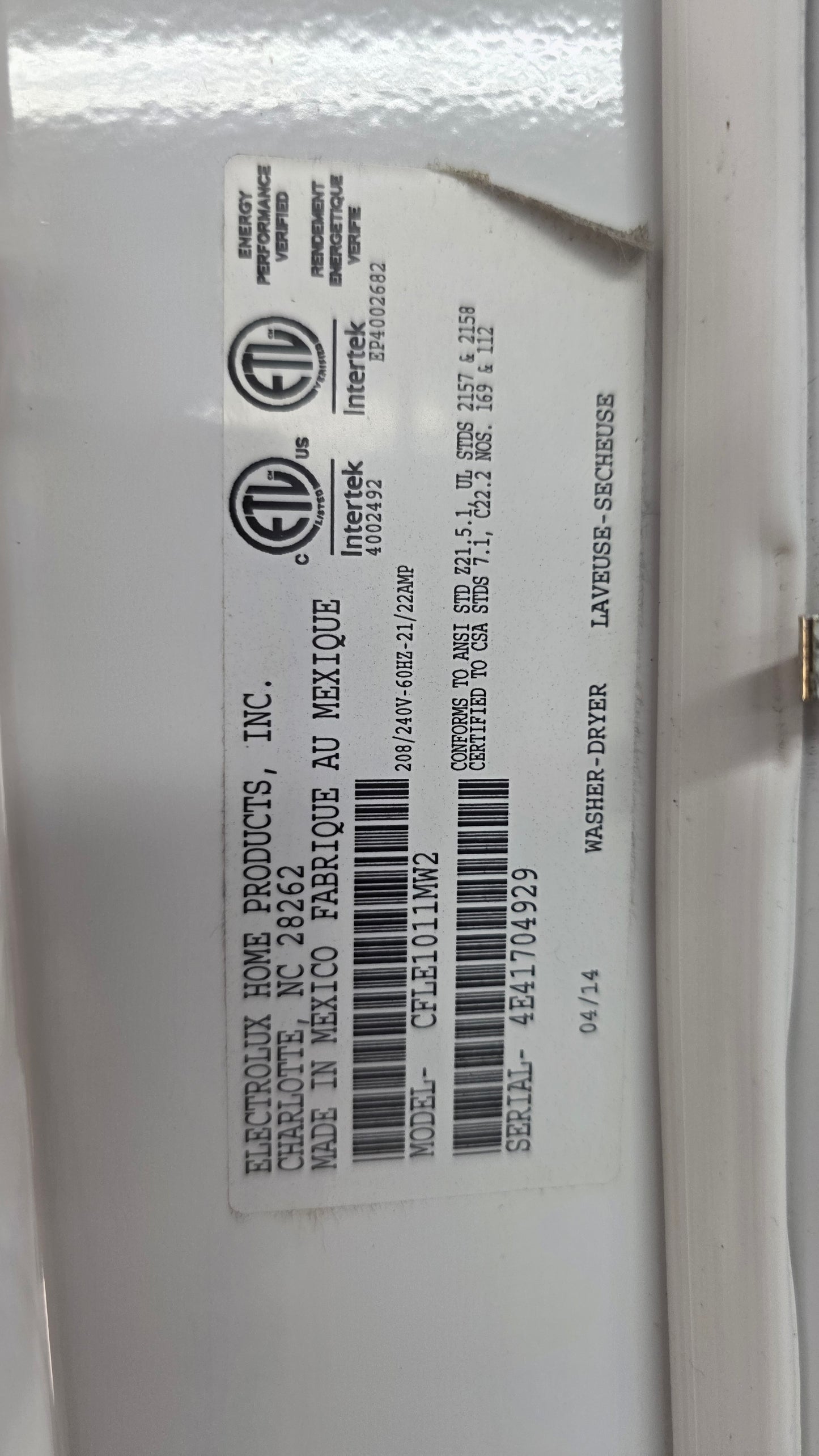 Frigidaire 27" Laundry Unit- CFLE1011MW2