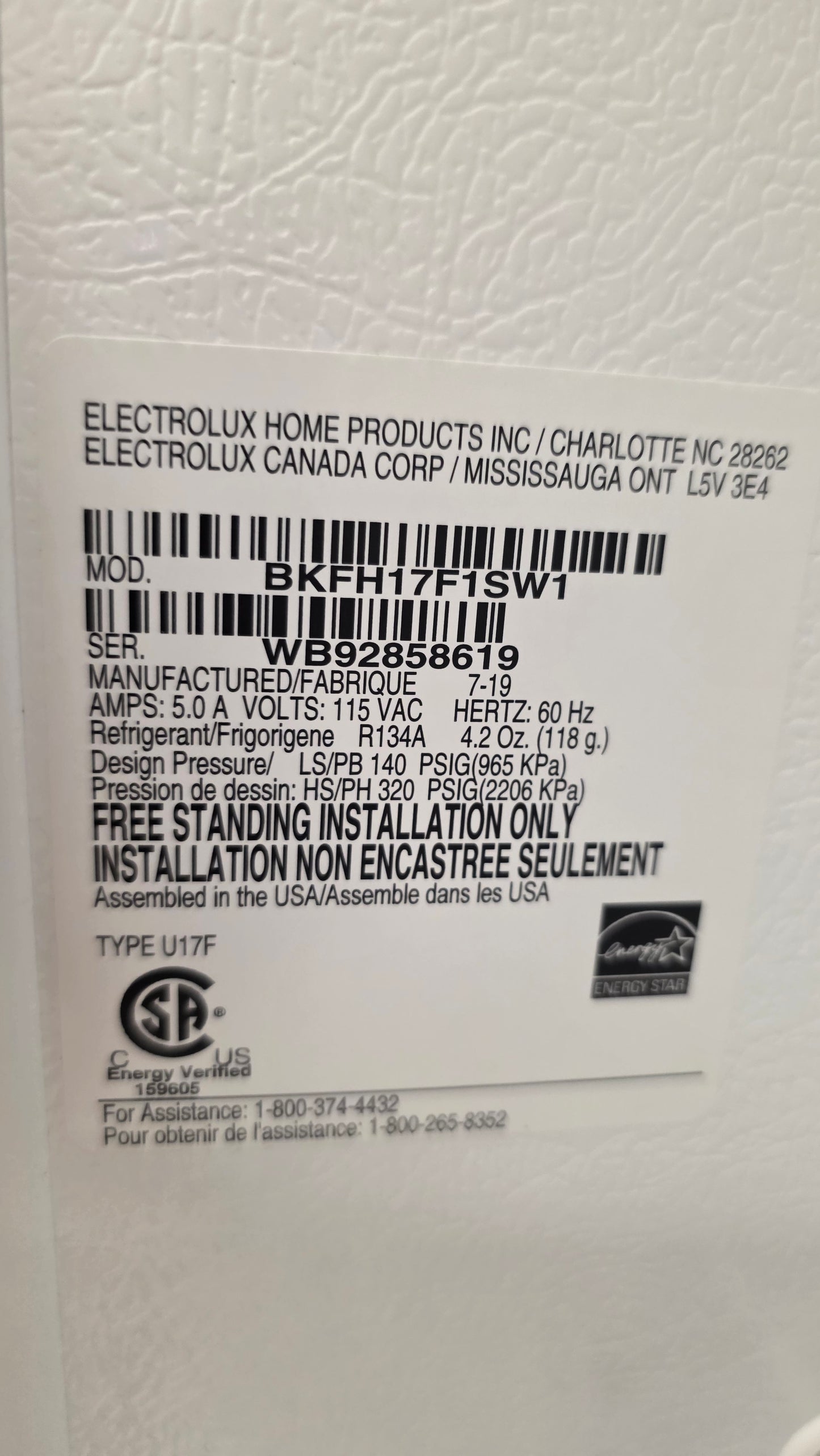 Frigidaire 34" Upright Freezer- BKFH17F1SW1