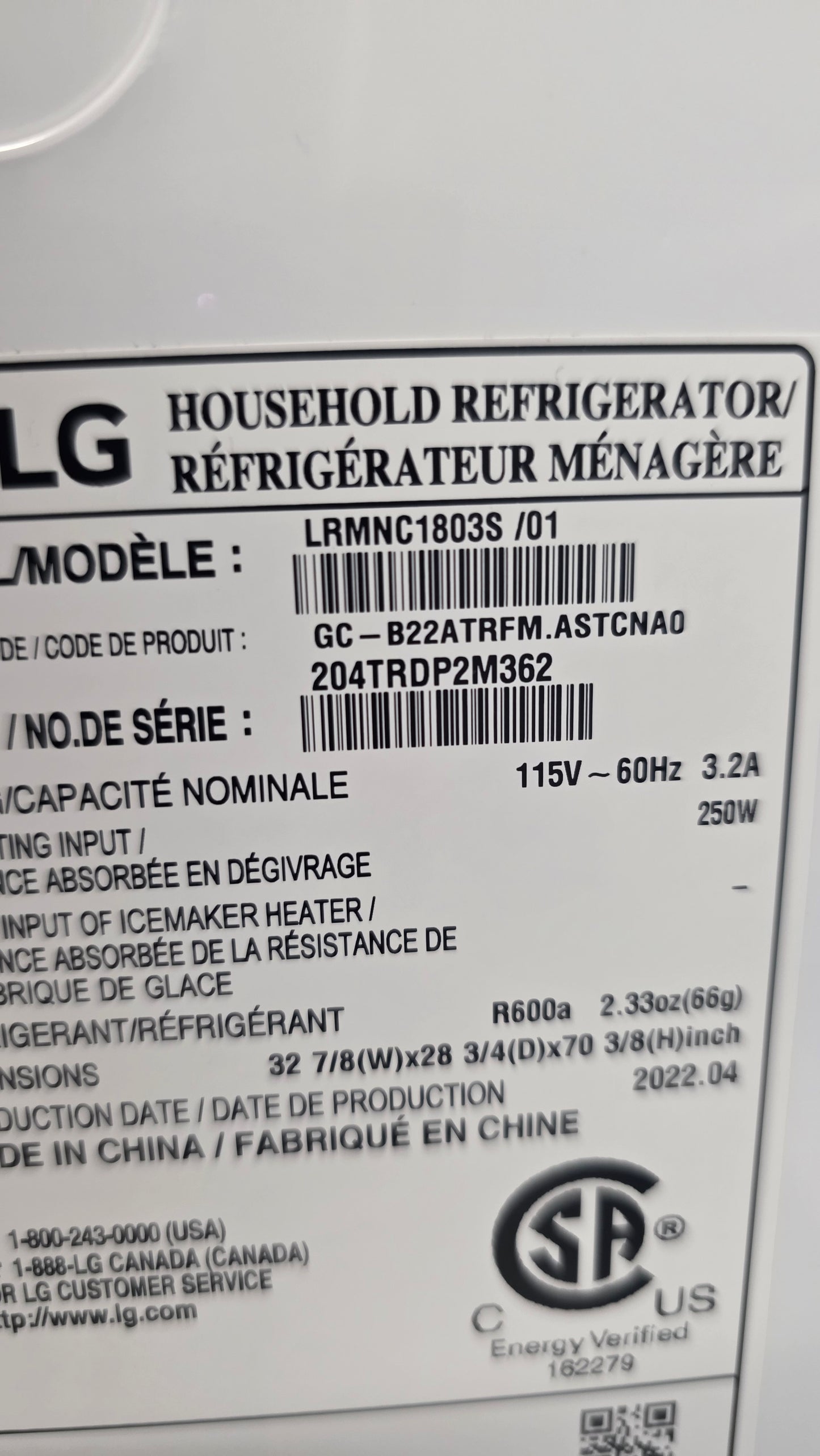 LG 33" French Door Fridge LRMNC1803S /01