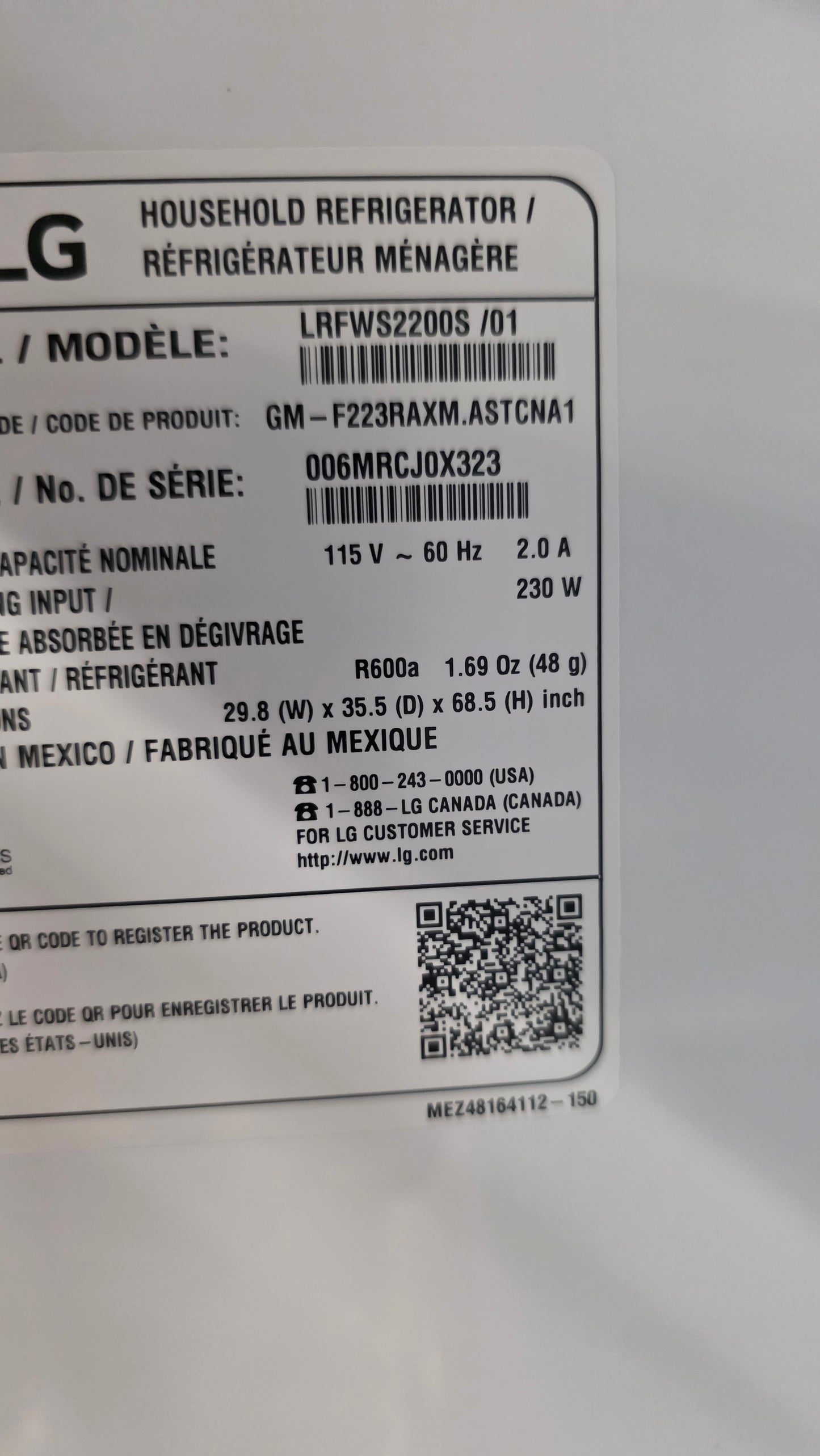 LG 30" Stainless Steel French Door Fridge LRFWS2200S /01
