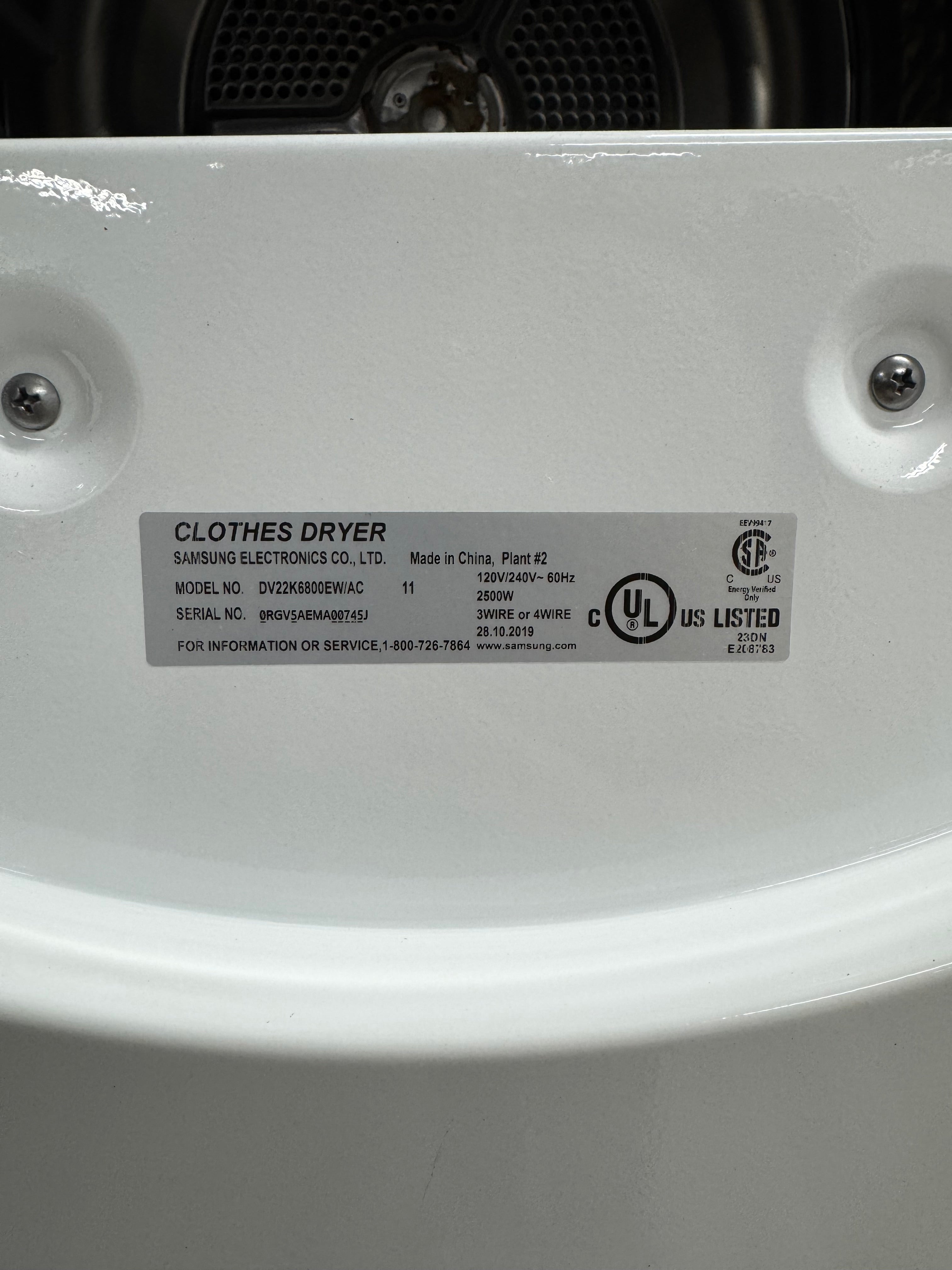SAMSUNG 24” Front Load Dryer - DV22K6800EW/AC