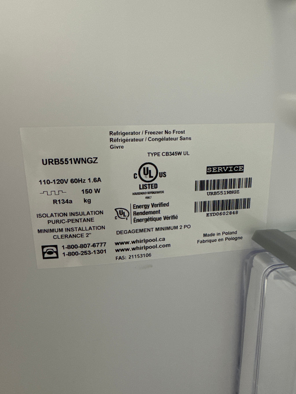 OPEN BOX - Whirlpool 24” Bottom Freezer Refrigerator - URB551WNGZ