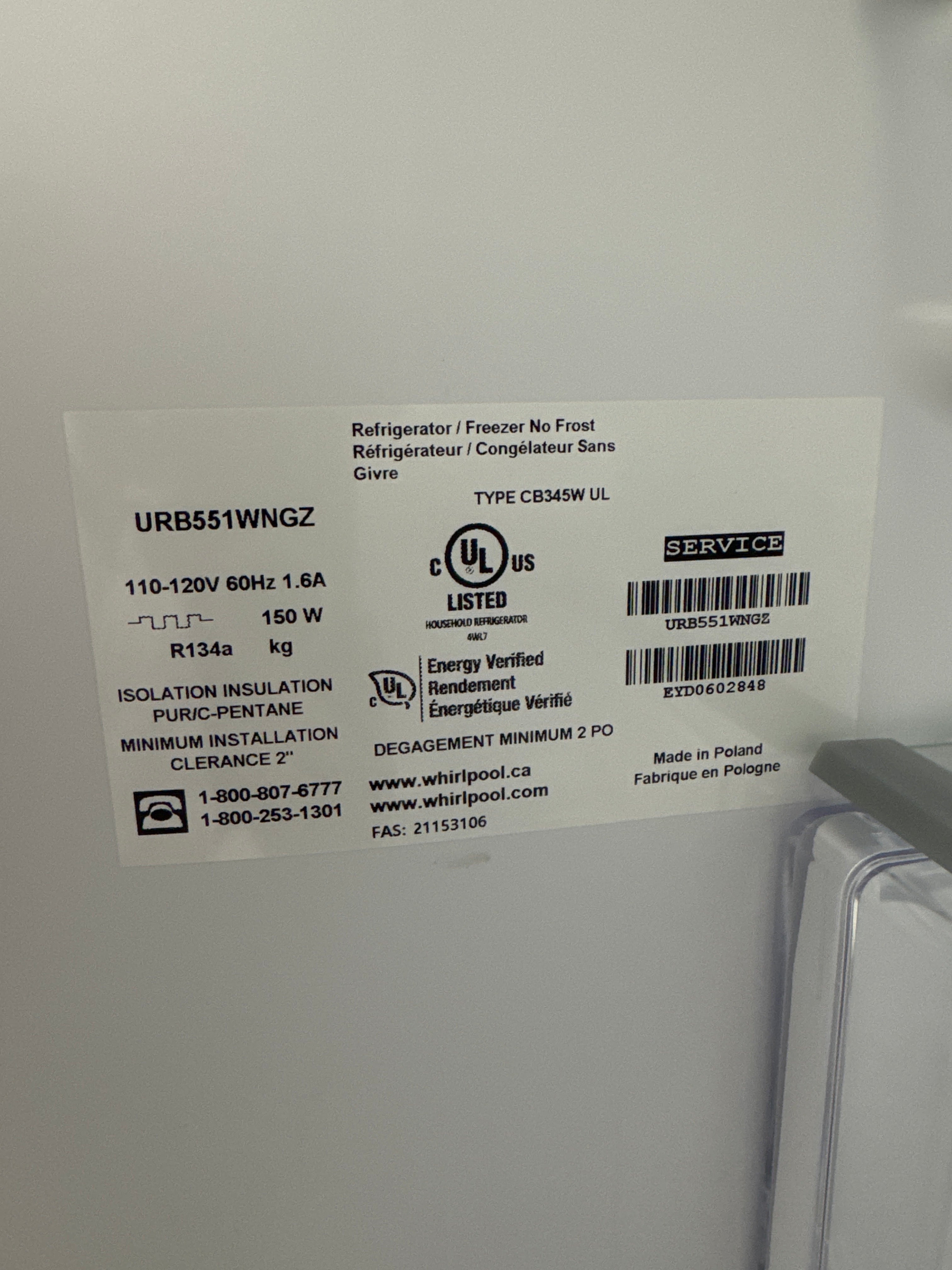 OPEN BOX - Whirlpool 24” Bottom Freezer Refrigerator - URB551WNGZ