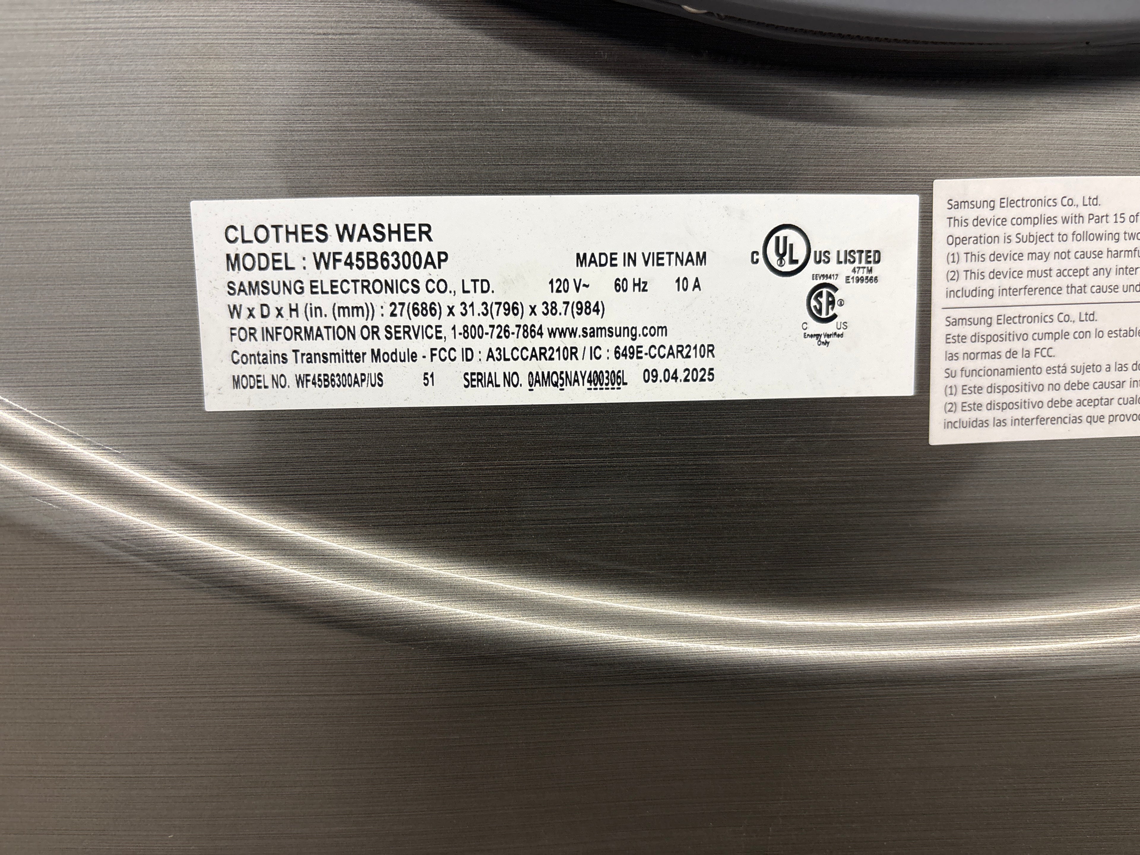OPEN BOX- SAMSUNG 27” Front load Washer- WF45B6300AP