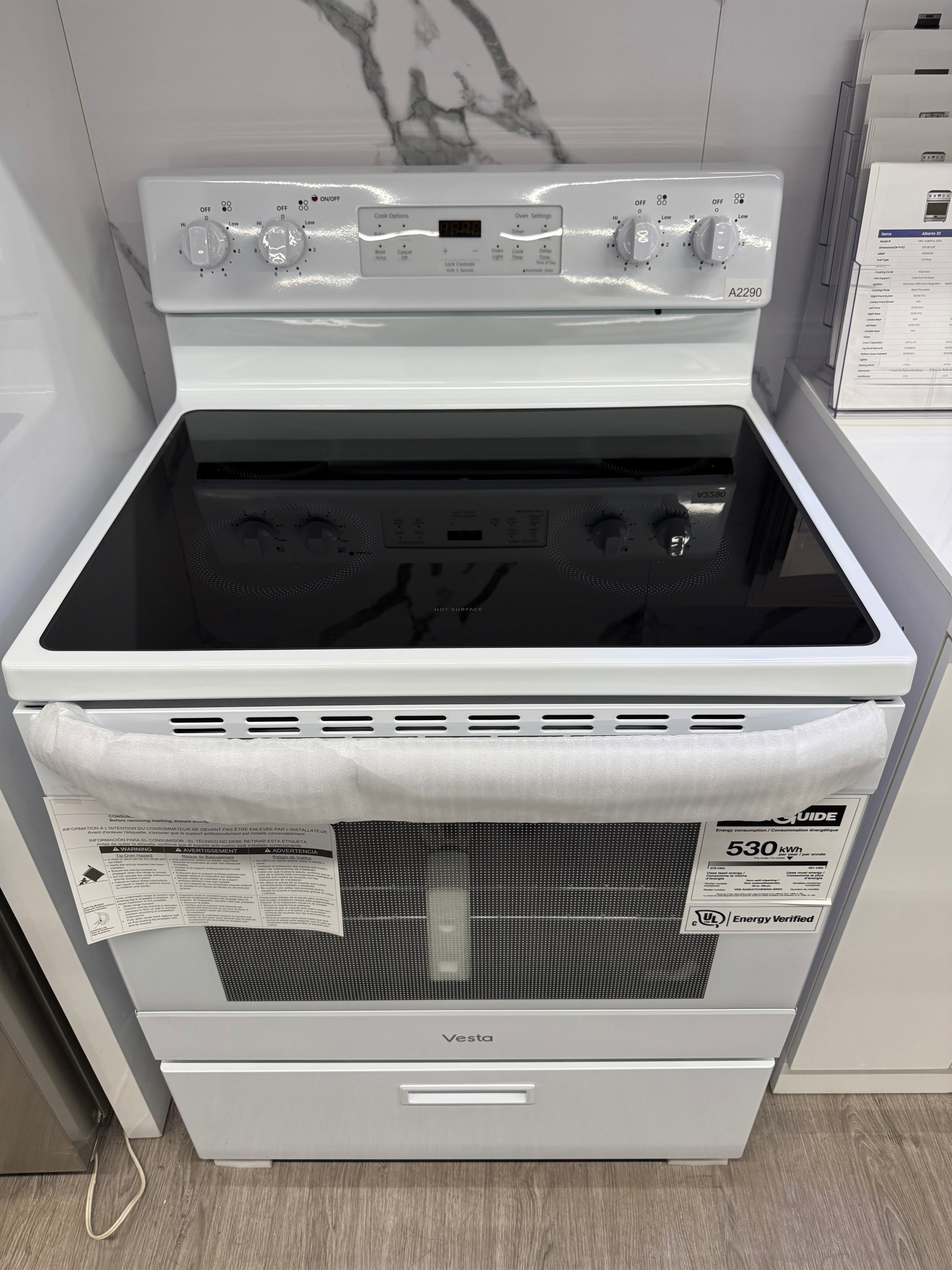 NEW - VESTA 30” Freestanding Glass Top Range - VRE-SASKATCHEWAN-30WH