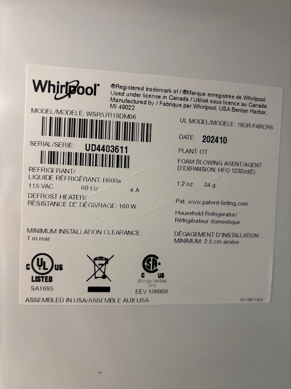 WHIRLPOOL 30” Upright All Fridge - WSR57R18DM06