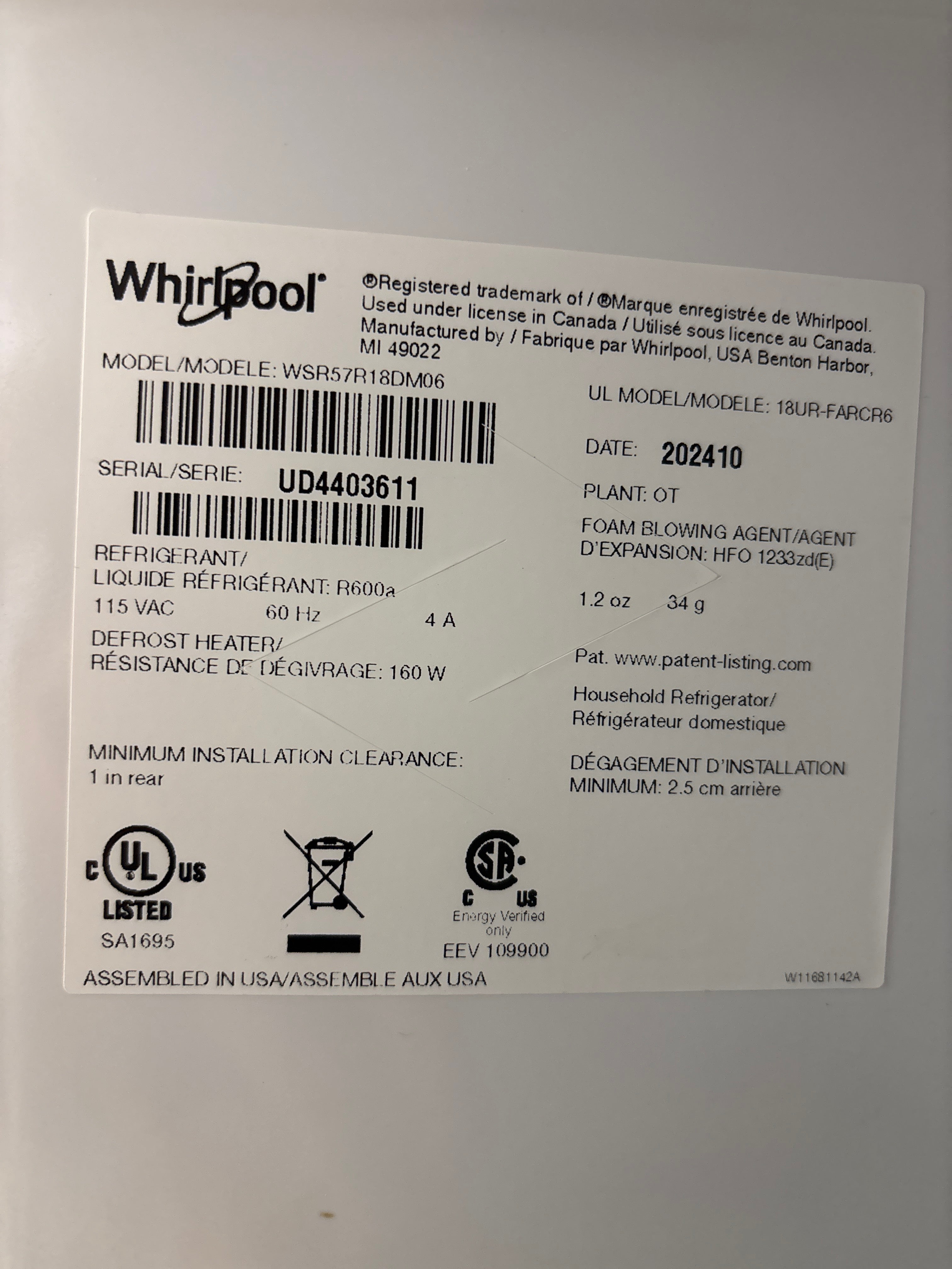 WHIRLPOOL 30” Upright All Fridge - WSR57R18DM06