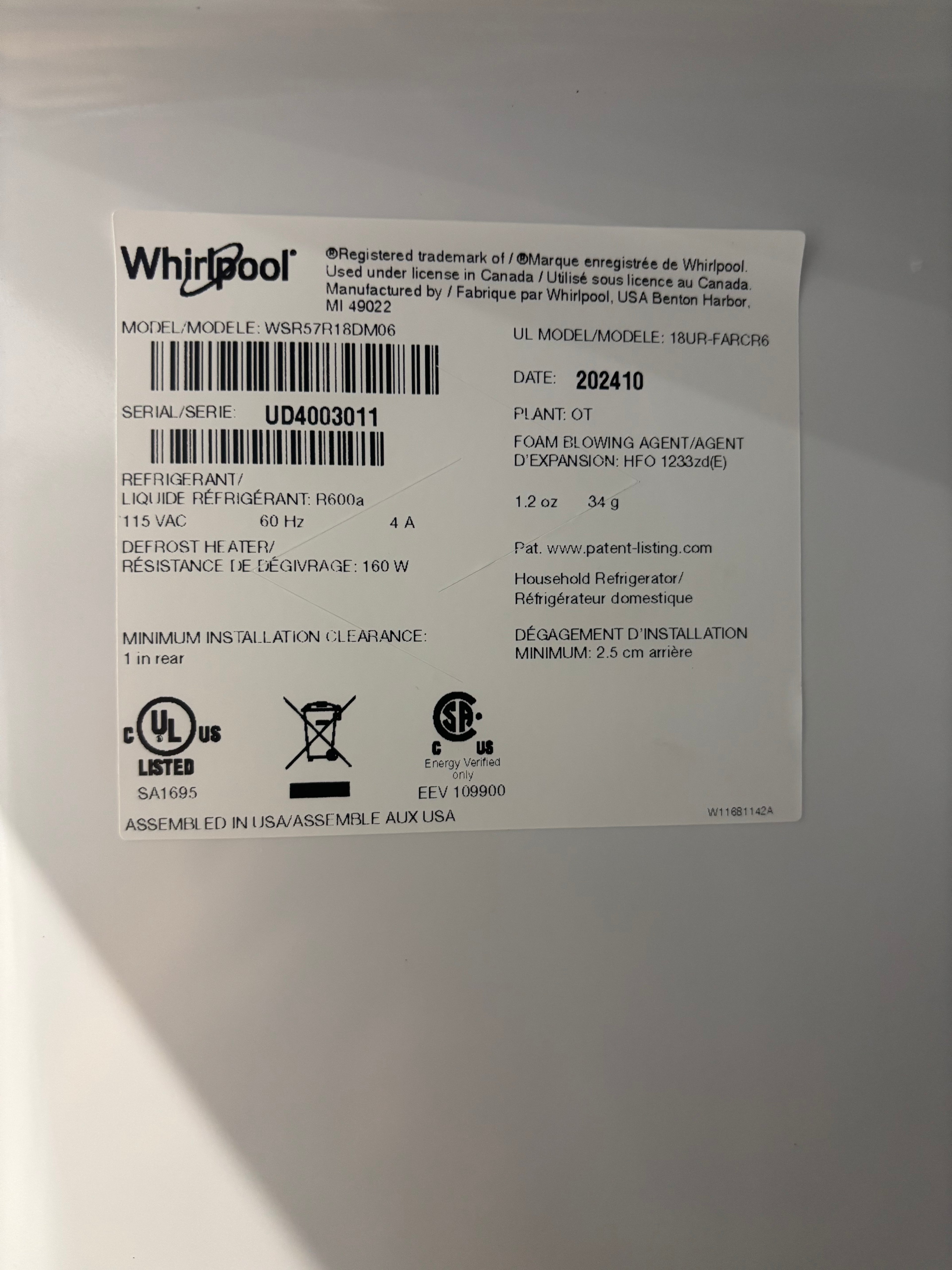 OPEN BOX - Whirlpool 30” Upright All Fridge - WSR57R18DM06