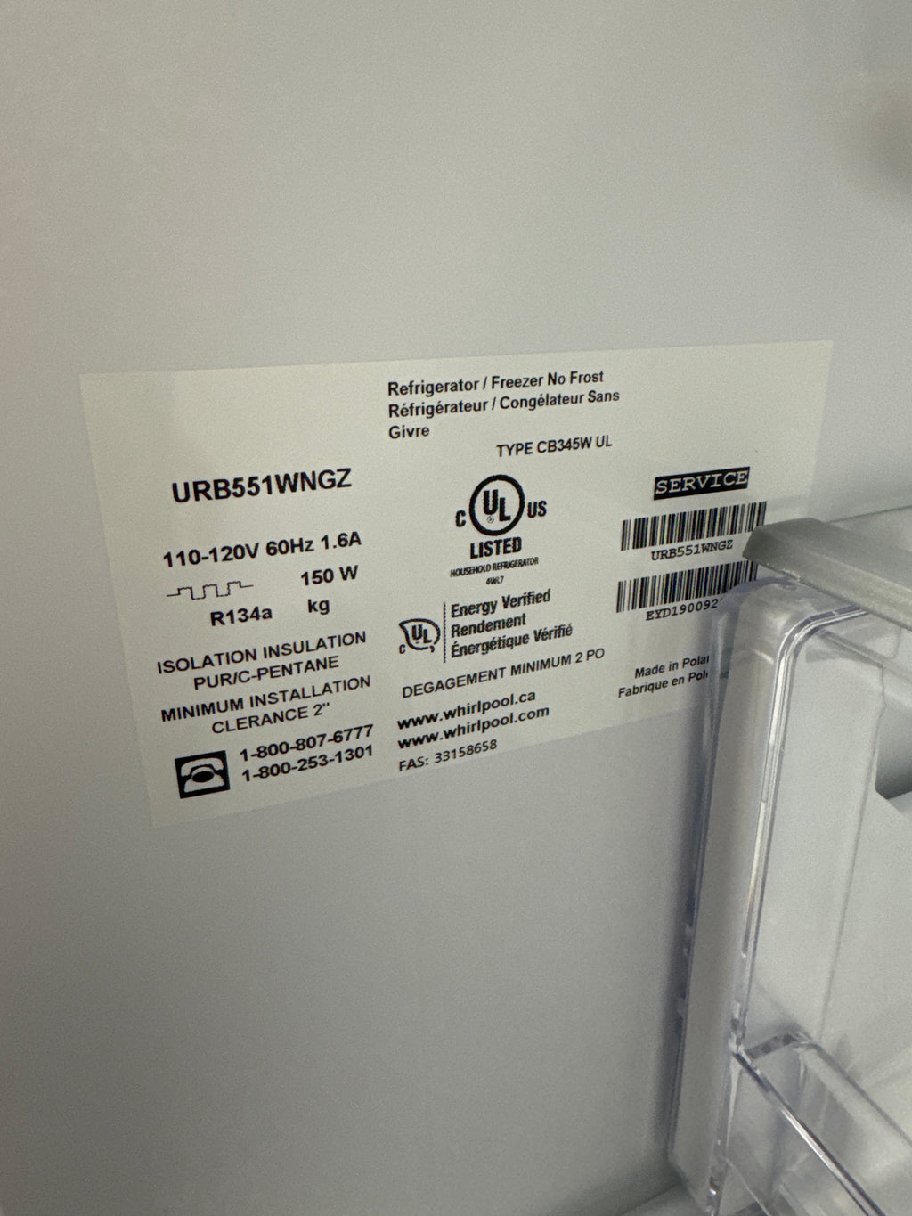 OPEN BOX - Whirlpool 24” Bottom Freezer Refrigerator - URB551WNGZ