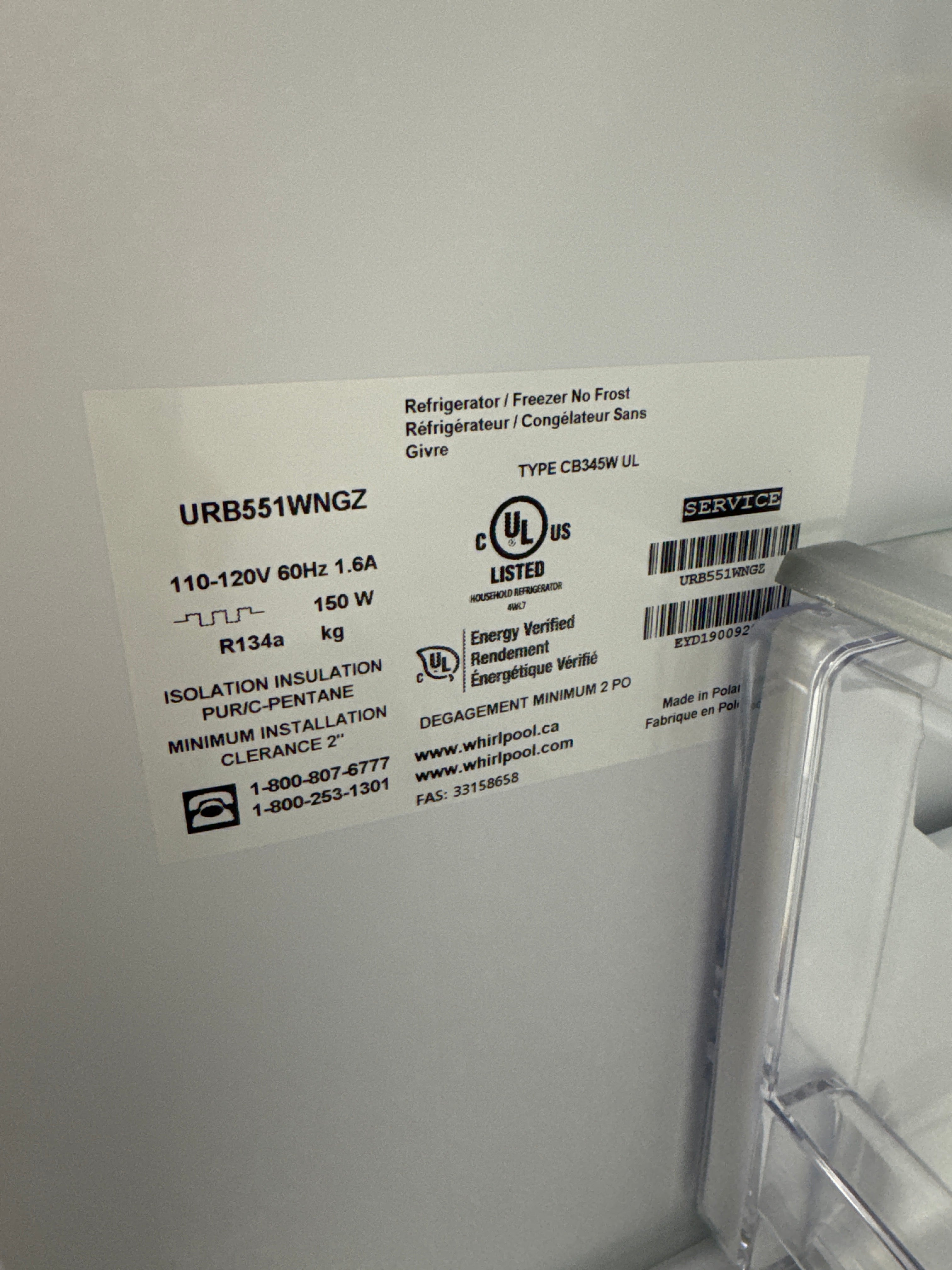 OPEN BOX - Whirlpool 24” Bottom Freezer Refrigerator - URB551WNGZ