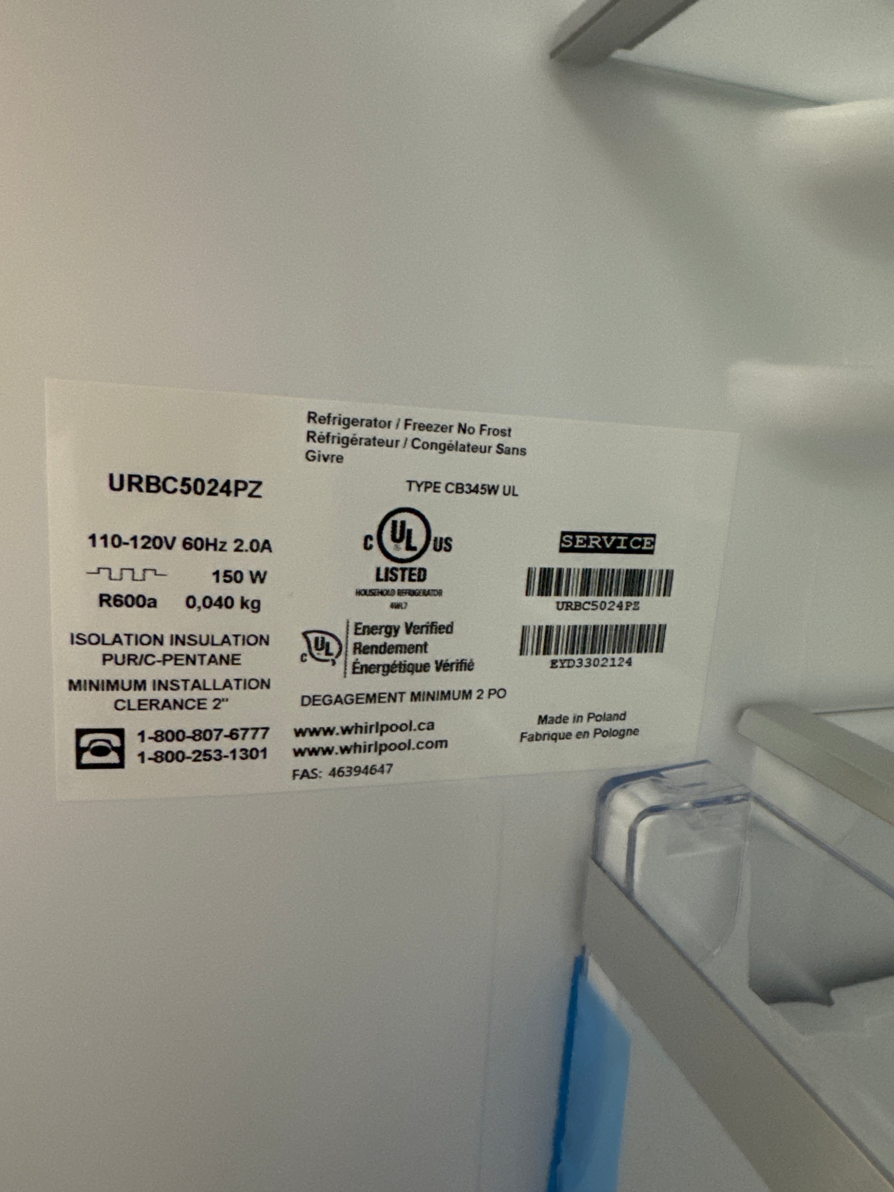 OPEN BOX - Whirlpool 24” Bottom Freezer Refrigerator - URBC5024PZ