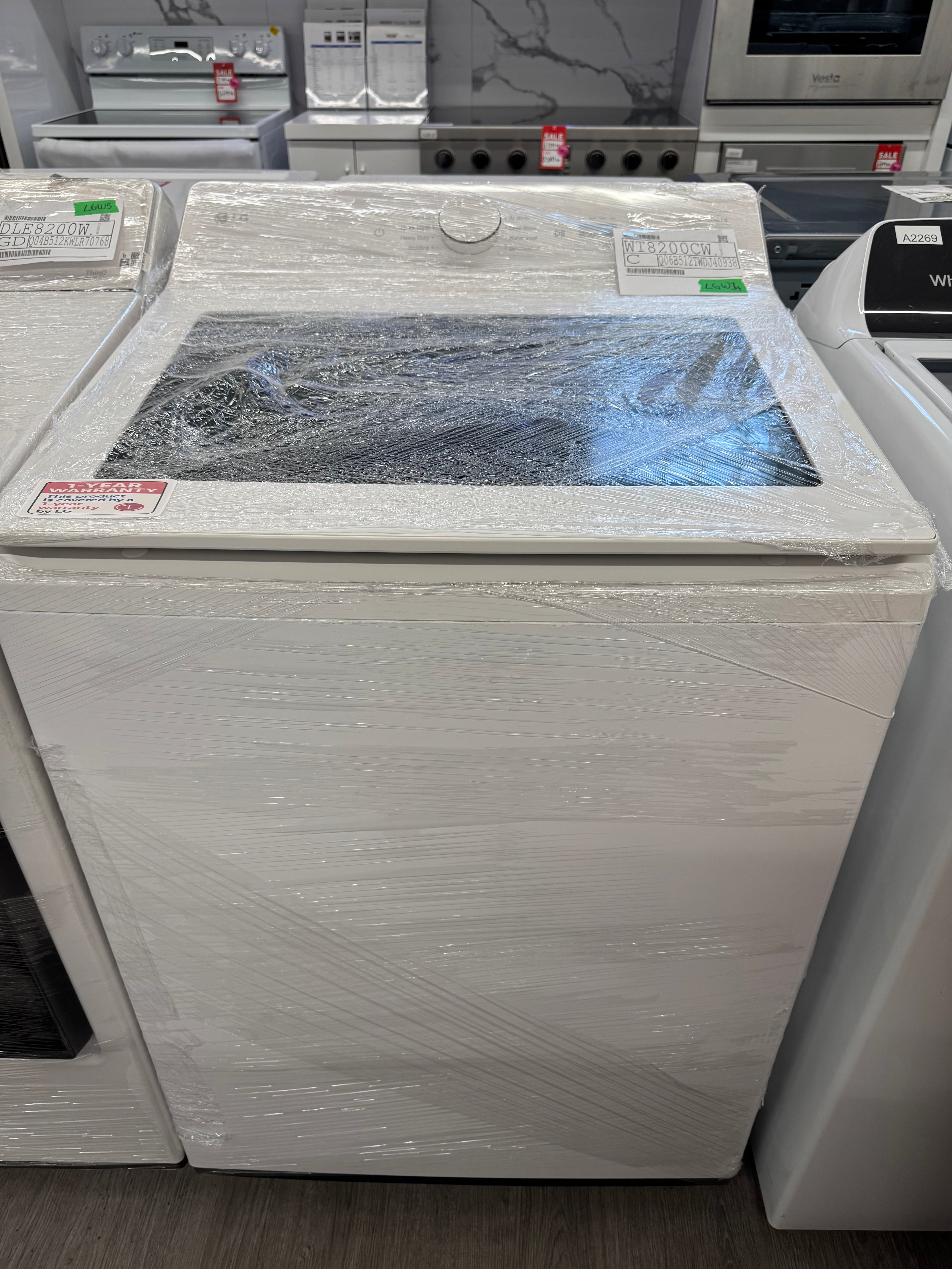 NEW - LG 27” Top Load Washer & Dryer Set (WT8200CW & DLE8200W) 1 YEAR MANUFACTURER WARRANTY)