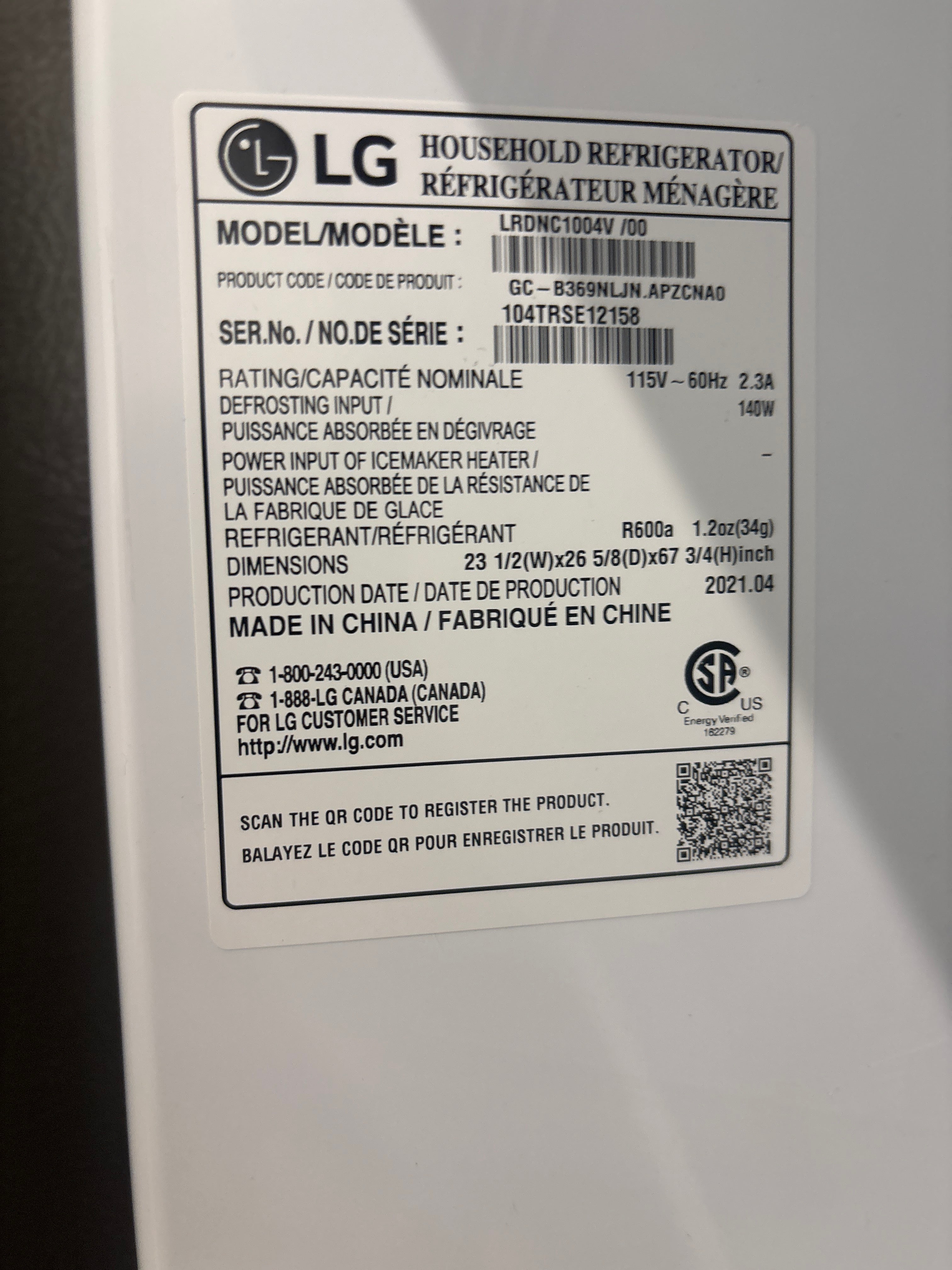 LG 24” Bottom Freezer Refrigerator - LRDNC1004V/00
