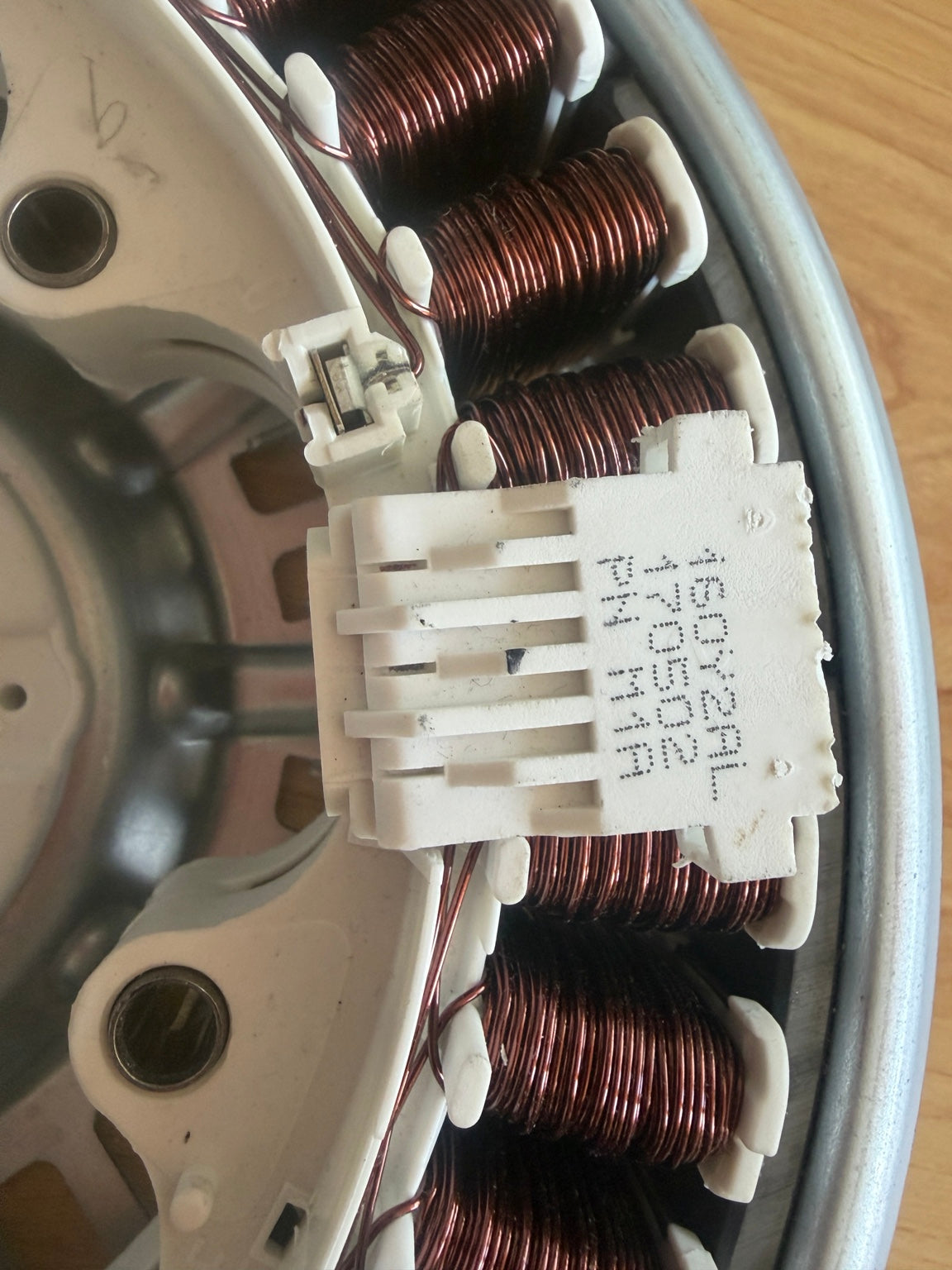 LG washer motor stator connector and winding code closeup