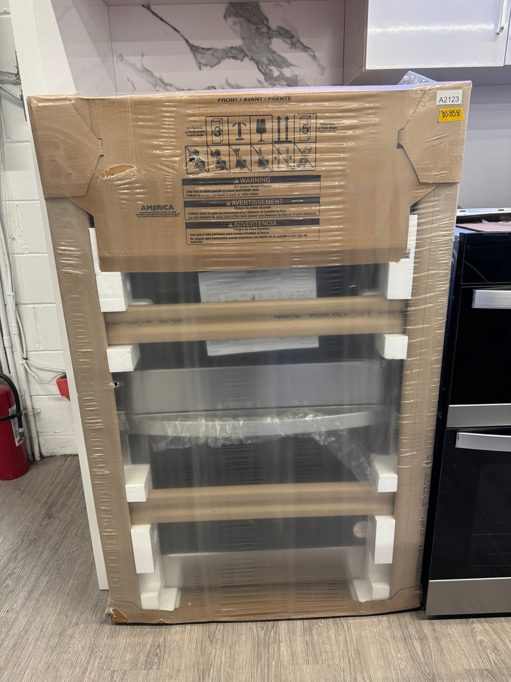 Actual boxed Whirlpool WOD51EC0HS double wall oven at The Home Store Ottawa SKU A2123