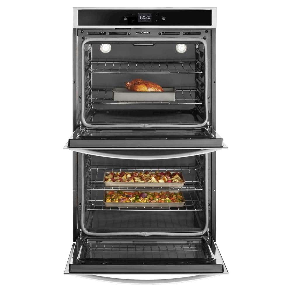 Whirlpool WOD51EC0HS 30 inch double wall oven both doors open showing oven interiors