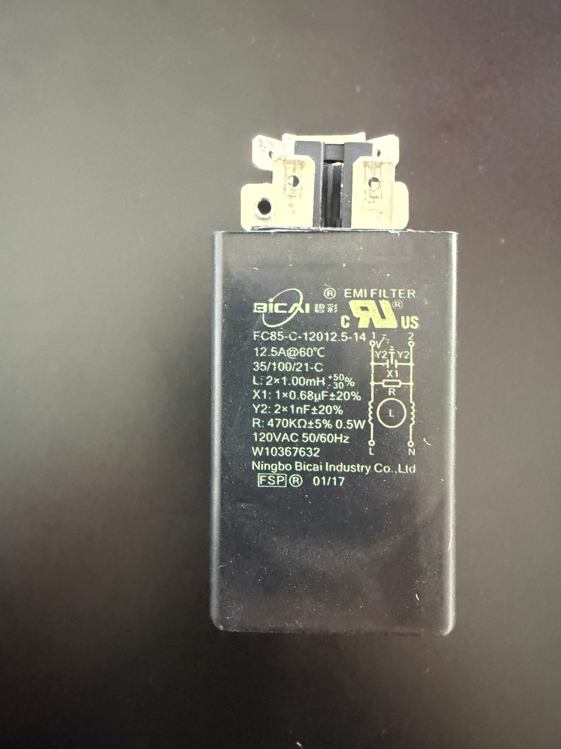 Amana Whirlpool W10367632 washer EMI noise filter front label