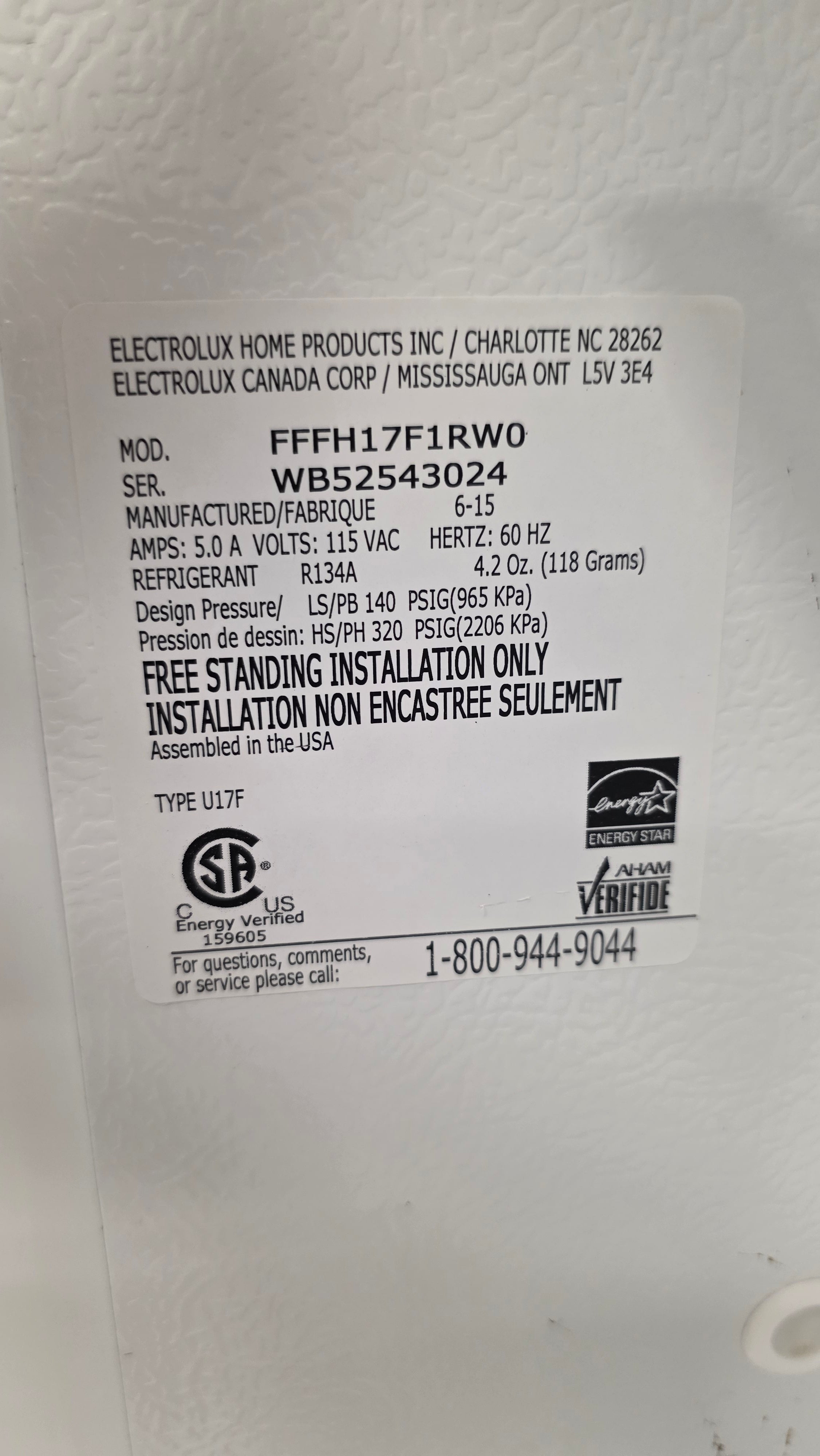 Frigidaire 34" Upright Freezer FFF17F1RWO