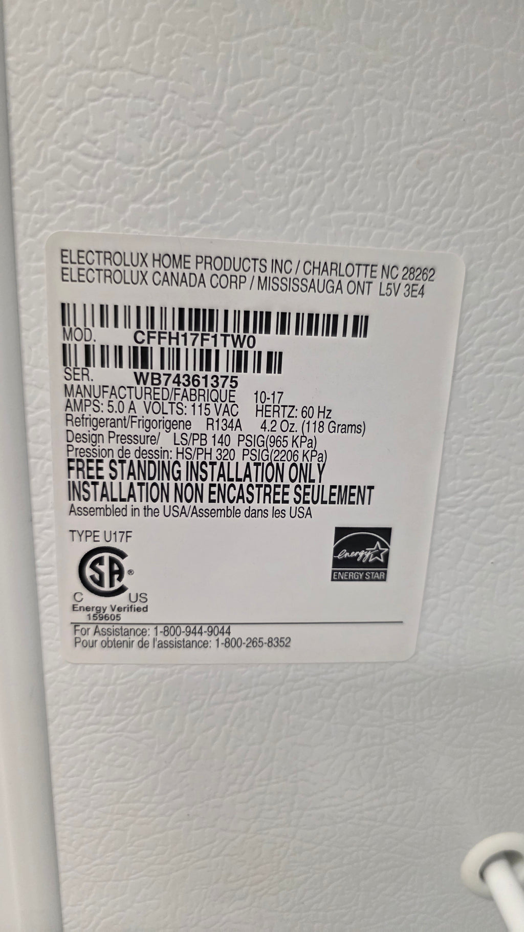 Frigidaire 34" Upright Freezer CFFH17F1TWO